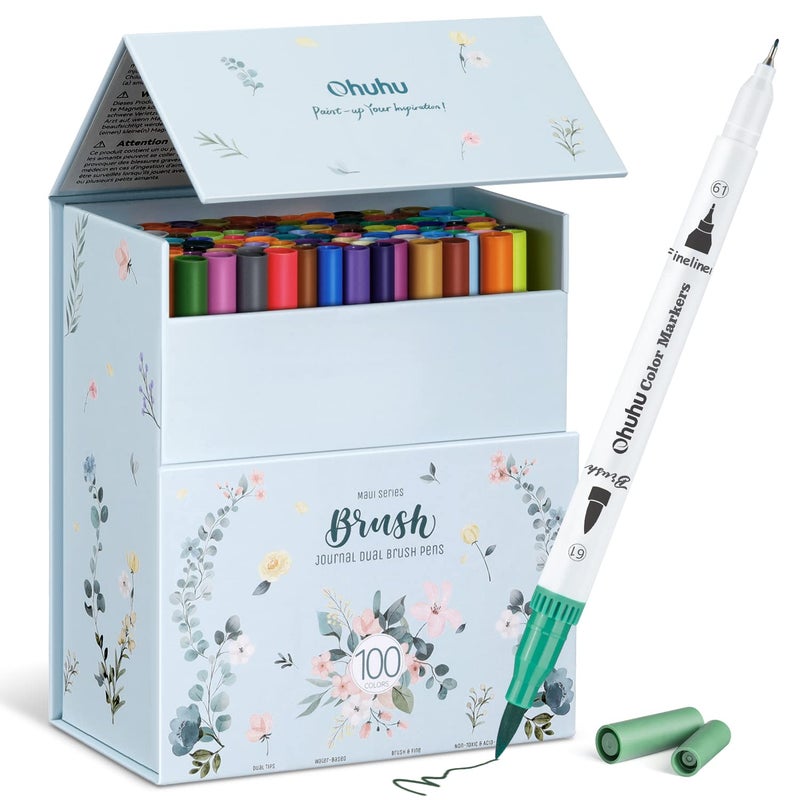 Ohuhu Markers for Adult Coloring Books No Bleeding 100 Colors Coloring Markers Water-based Dual Tips Fineliner & Brush Drawing Pens Art Pens for Kids Adults Sketch Journal - Maui - White - Image 1